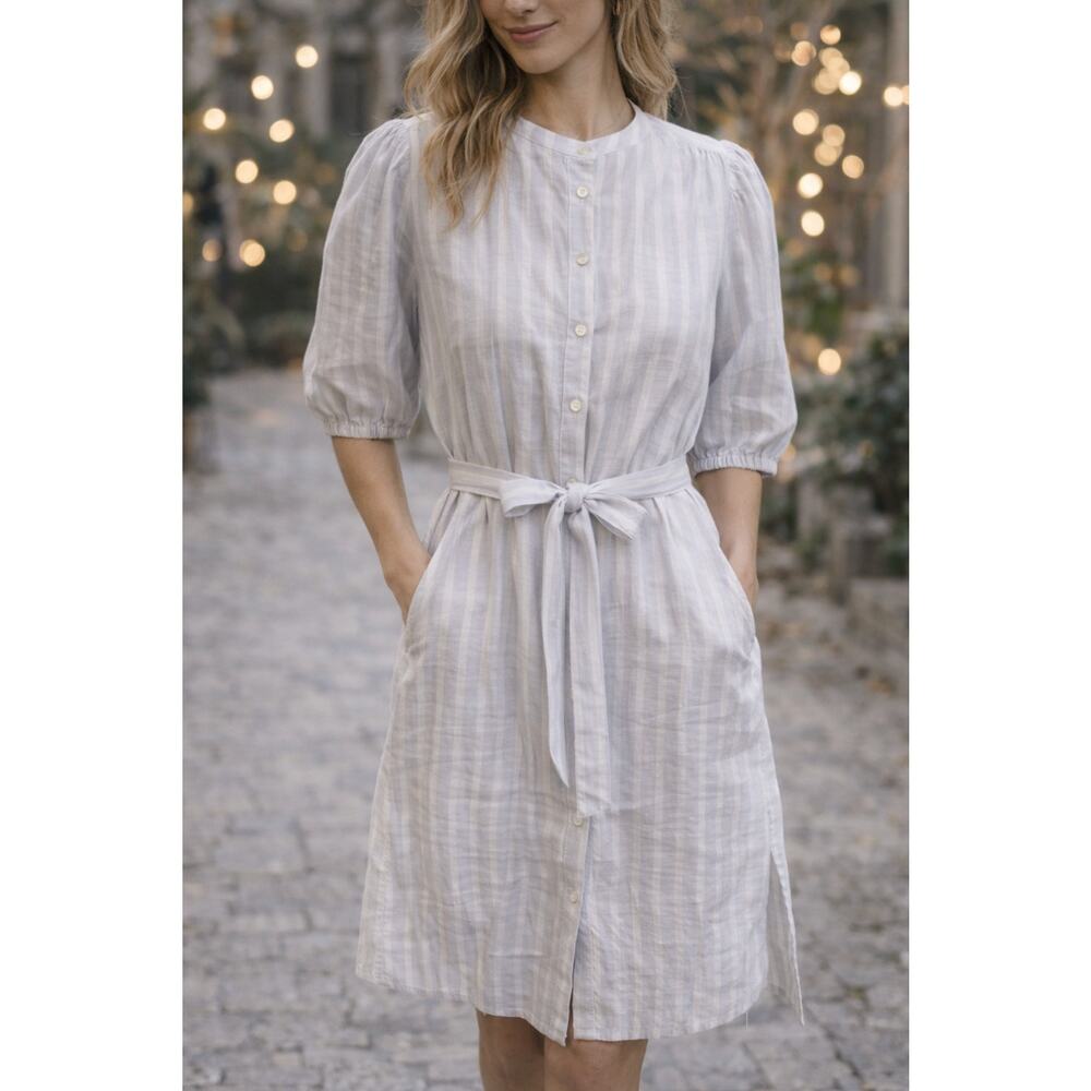 GAP Linen Shirt Dress White Gray Blue Stripe Tie Waist Button Front Size Small